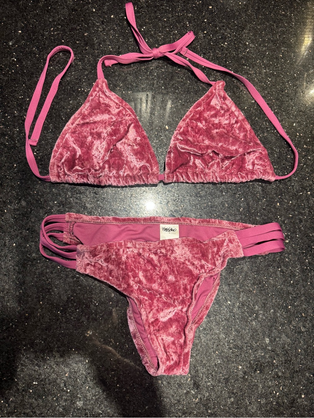 Rose Pink Velvet Triangle Bikini Set